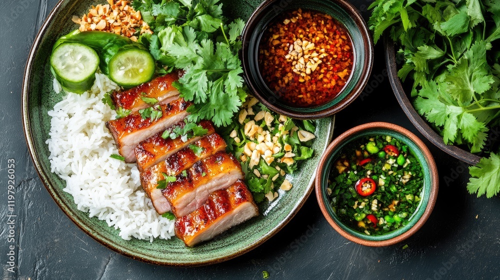 A traditional meal featuring sliced pork belly, served on a plate with jasmine rice, fresh herbs, and a side of dipping sauce, creating a well-balanced dish A traditional meal featuring sliced pork belly, served on a plate with jasmine rice, fresh herbs, and a side of dipping sauce, creating a well-balanced dish