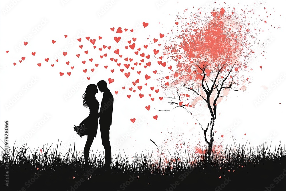 Silhouette of a Romantic Couple with Hearts and Artistic Tree on White Background Silhouette of a Romantic Couple with Hearts and Artistic Tree on White Background