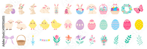 A collection of Easter themed images including Easter eggs, rabbits, and flowers. The images are in a pixelated style and are arranged in a row