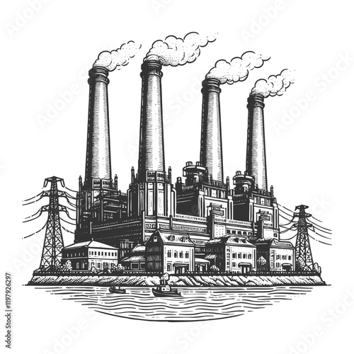 coal power plant featuring tall smokestacks, industrial buildings, electrical towers, and a riverside setting sketch engraving generative ai vector illustration. Scratch board. Black and white image.
