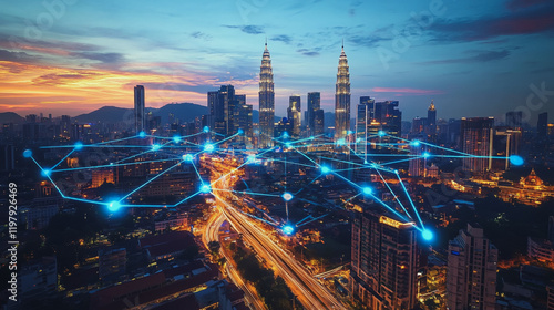 Wallpaper Mural Abstract business man stands on the peak of success amid tall, innovative Smart city and graphs with statistics to analyze business potential and predict future developments in company growth. Torontodigital.ca