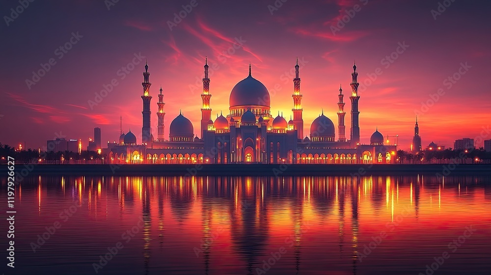 Naklejka premium Sunset Mosque Reflection, Cityscape, Dramatic Sky