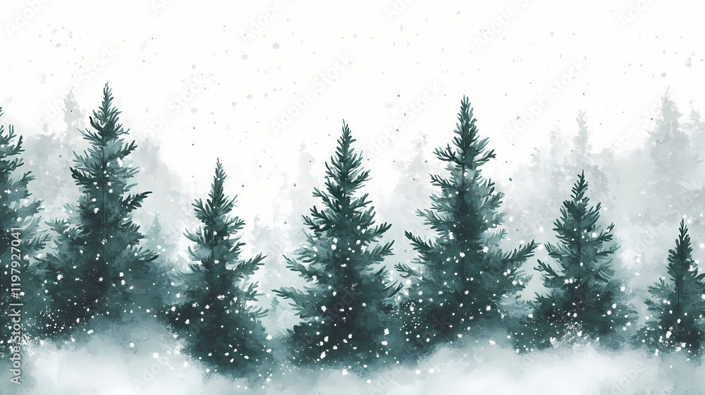 Obraz premium Snowy watercolor landscape with pine trees and soft snowfall in a serene winter setting. Sunweave. Illustration