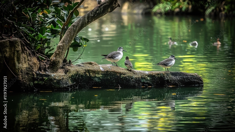 Birds resting on rock, tranquil pond, lush foliage, nature scene, wildlife photography Birds resting on rock, tranquil pond, lush foliage, nature scene, wildlife photography
