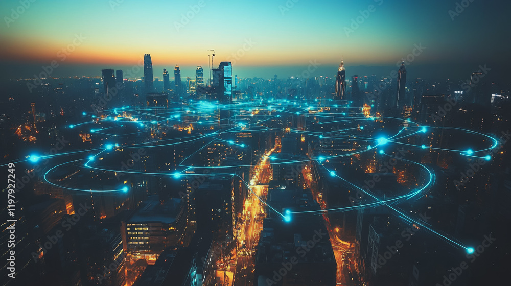 Obraz premium Abstract business man stands on the peak of success amid tall, innovative Smart city and graphs with statistics to analyze business potential and predict future developments in company growth.