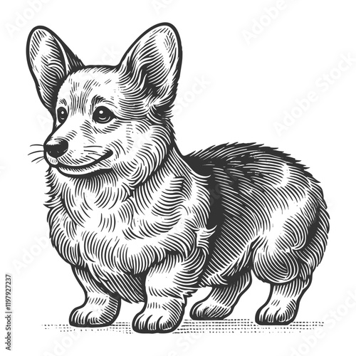 Welsh Corgi dog pet animal, showcasing engraved artistry sketch engraving generative ai vector illustration. Scratch board imitation. Black and white image.