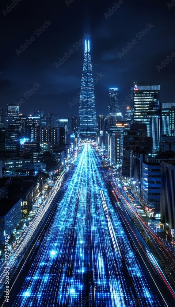 Fototapeta premium Neon Cityscape With Futuristic, Glowing Architecture And A Network Of Digital Lines At Night