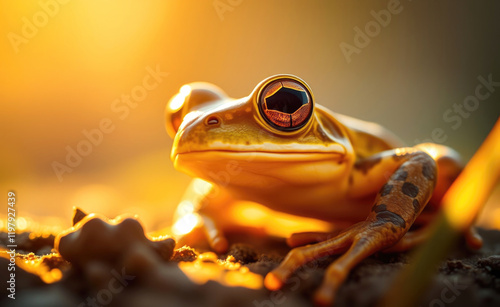 Close-up of a frog with striking golden eyes in warm sunset lighting