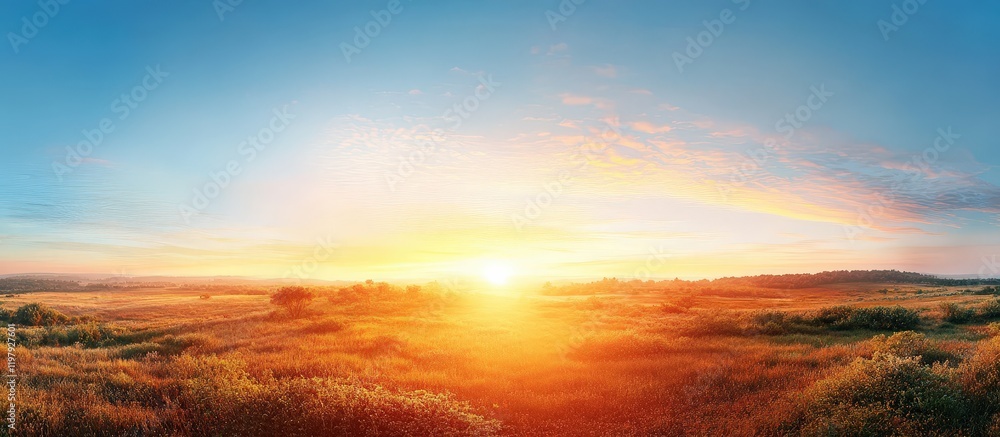 Fototapeta premium Beautiful dawn light illuminating a grassy field.