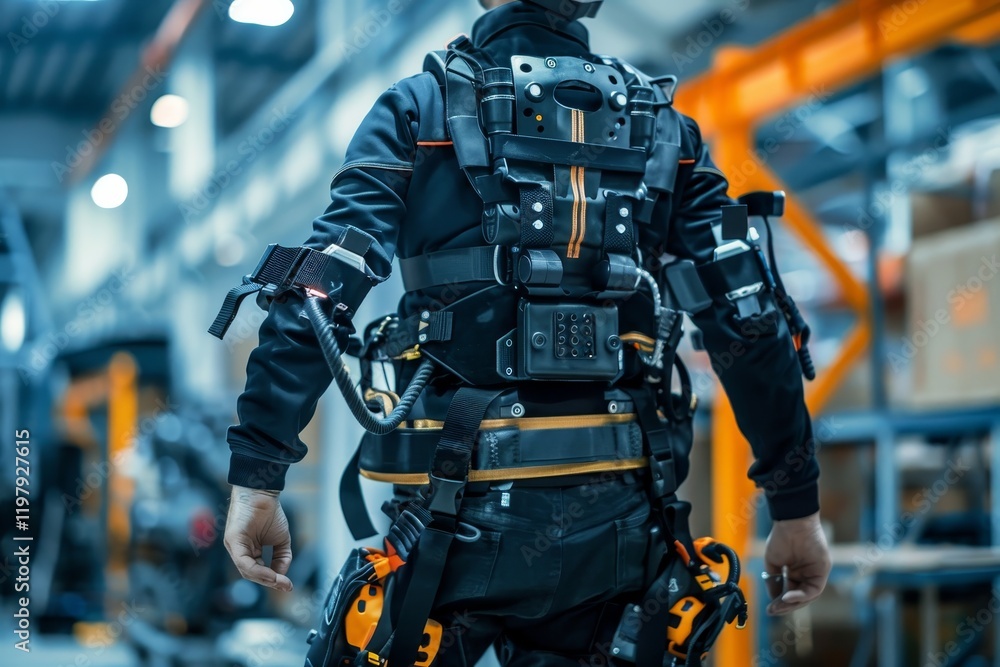 A person wearing an advanced exoskeleton suit in an industrial setting for enhanced mobility and strength. A person wearing an advanced exoskeleton suit in an industrial setting for enhanced mobility and strength.