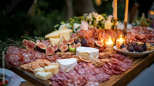 A lavish charcuterie board adorned with an assortment of meats, cheeses, and gourmet crackers photo