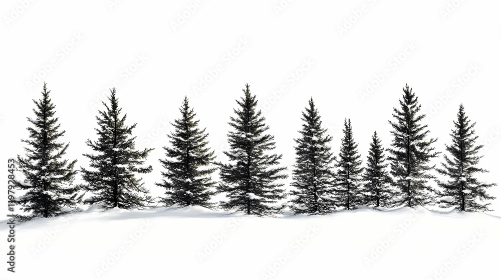 Obraz premium Winter landscape with snow-covered fir trees in the forest on a white background. Sunweave. Illustration