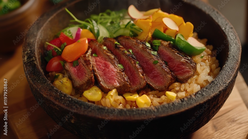 A warm and inviting image of a steak rice bowl set on a wooden table, featuring succulent beef slices over rice, complemented by colorful vegetable garnishes A warm and inviting image of a steak rice bowl set on a wooden table, featuring succulent beef slices over rice, complemented by colorful vegetable garnishes