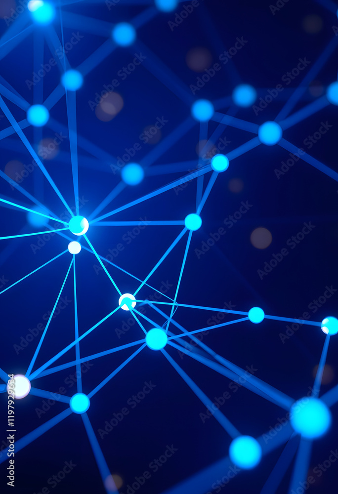 Abstract network connections with glowing dots and lines on a dark blue background, concept of digital communication. 3D Rendering, with white tones Abstract network connections with glowing dots and lines on a dark blue background, concept of digital communication. 3D Rendering, with white tones