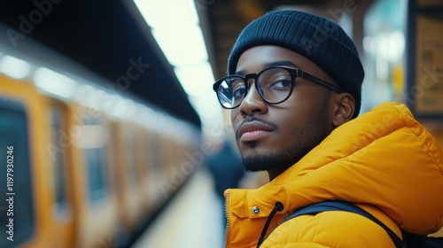 Stylish young man waiting at a subway station wearing an orange puffer jacket and black beanie while looking over his shoulder photo