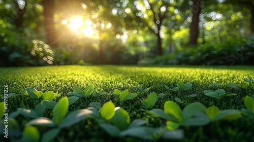Sunlit Meadow Lush Green Grass, Vibrant Foliage, Tranquil Nature Scene
