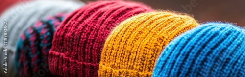 Colorful knitted hats arranged in a vibrant display on a rustic background