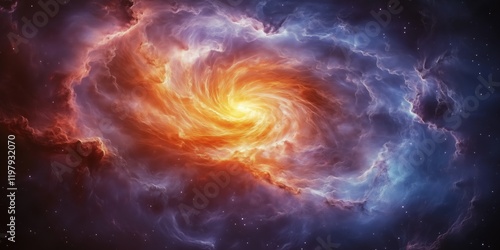 Colorful nebula cloud of gas and dust swirling in the vastness of space, forming a stunning galaxy with bright center and distant stars, creating a breathtaking cosmic scene