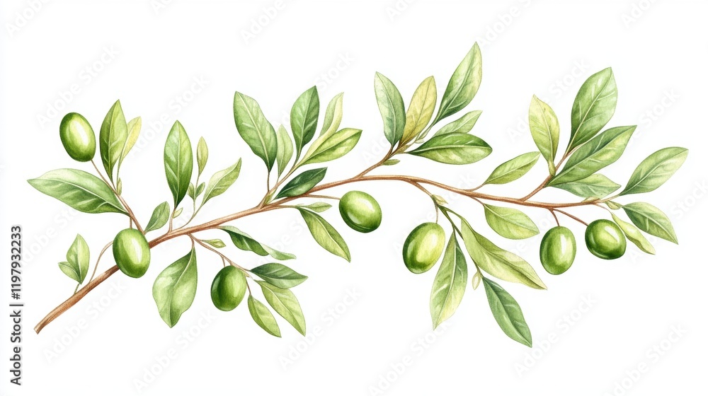 Olive Tree Branch with Green Olives and Leaves Illustrations Olive Tree Branch with Green Olives and Leaves Illustrations