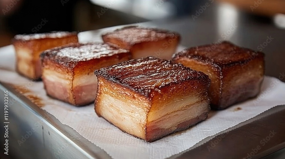 Freshly cooked bacon arranged on a paper towel to drain excess oil, with a close-up view of the crisp texture and smoky brown color Freshly cooked bacon arranged on a paper towel to drain excess oil, with a close-up view of the crisp texture and smoky brown color