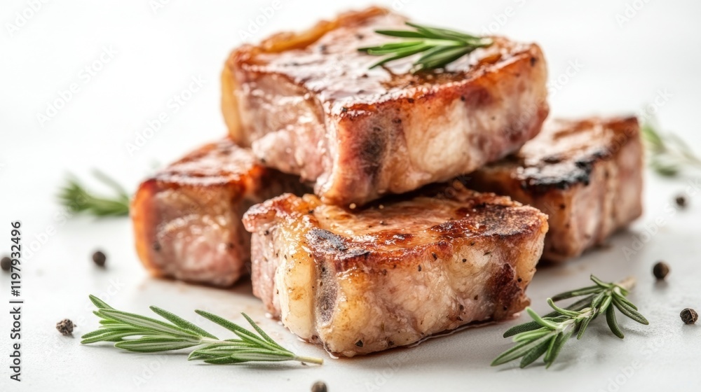 Deliciously Grilled Pork Chops with Fresh Herbs on White Background Deliciously Grilled Pork Chops with Fresh Herbs on White Background