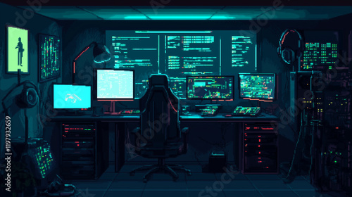 A cyberpunk hacker in a neon-lit room, character, pixel art style photo