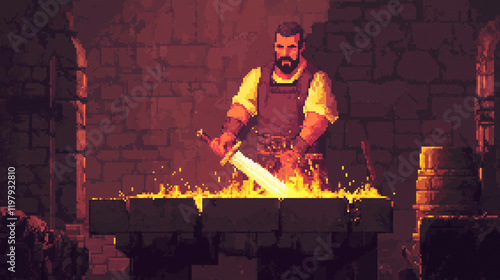 A muscular blacksmith hammering a glowing sword in a fiery forge, medivel game character, pixel art style photo