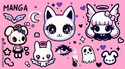 Big set of anime cartoon stickers with funny cute comic characters and animals on a pink background. Contemporary illustration with designs for tattoos and patches.