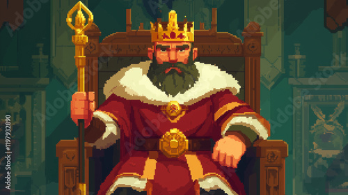 A noble king sitting on a grand throne, holding a golden scepter, medivel game character, pixel art style photo