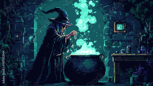 A mysterious witch brewing a potion in a bubbling cauldron, medivel game character, pixel art style photo