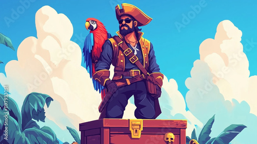 A dashing pirate captain with a parrot on their shoulder, standing on a treasure chest, medivel game character, pixel art style