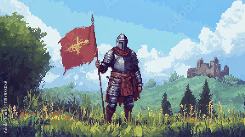 A loyal squire carrying a banner on the battlefield, medivel game character, pixel art style photo