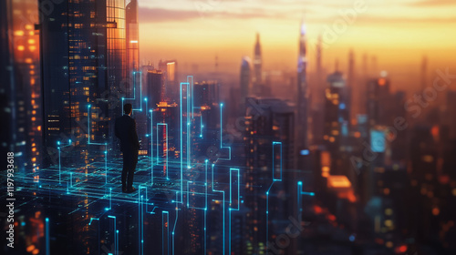 Wallpaper Mural Abstract business man stands on the peak of success amid tall, innovative Smart city and graphs with statistics to analyze business potential and predict future developments in company growth. Torontodigital.ca