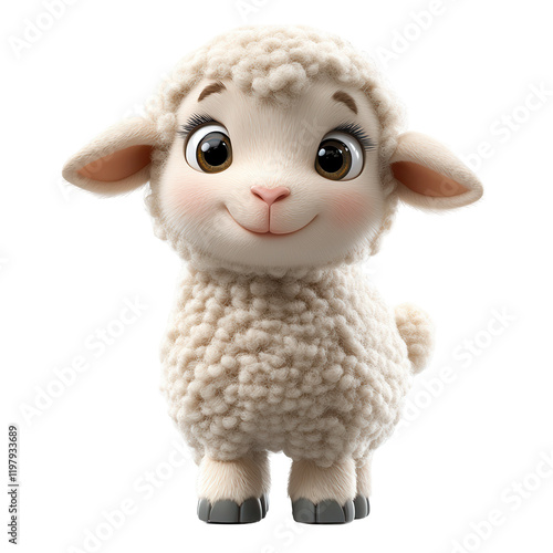 Cute cartoon sheep standing cheerfully in a bright setting with its fluffy wool and big expressive eyes isolated on transparent background