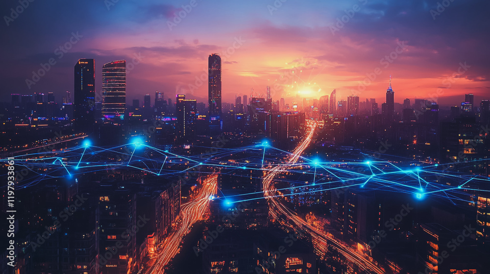 Fototapeta premium Abstract business man stands on the peak of success amid tall, innovative Smart city and graphs with statistics to analyze business potential and predict future developments in company growth.