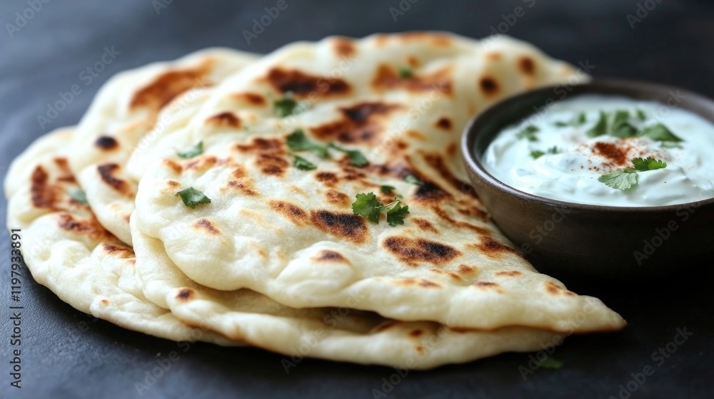 Naan bread with a soft, fluffy texture and slightly crispy edges, placed on a dark background with a bowl of spiced yogurt dip on the side Naan bread with a soft, fluffy texture and slightly crispy edges, placed on a dark background with a bowl of spiced yogurt dip on the side