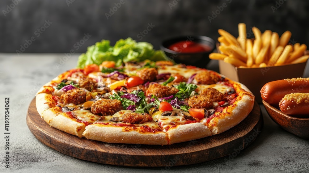 Delicious Pizza with Sides of Fries and Hot Dogs on Wooden Board Delicious Pizza with Sides of Fries and Hot Dogs on Wooden Board