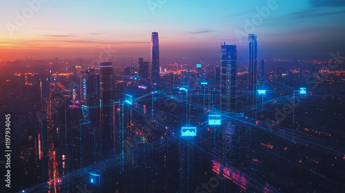 Wallpaper Mural Abstract business man stands on the peak of success amid tall, innovative Smart city and graphs with statistics to analyze business potential and predict future developments in company growth. Torontodigital.ca