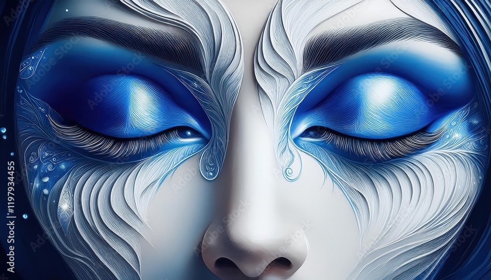 Tranquil Abstract Portrait Eyes Closed in Shades of Blue and White A Moment of Introspection Tranquil Abstract Portrait Eyes Closed in Shades of Blue and White A Moment of Introspection