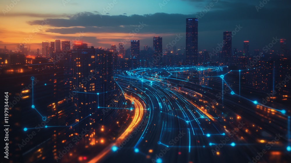 Obraz premium Abstract business man stands on the peak of success amid tall, innovative Smart city and graphs with statistics to analyze business potential and predict future developments in company growth.