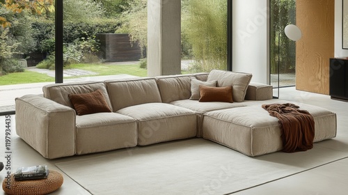 Contemporary Cozy Sofa in Bright Living Room with Greenery View