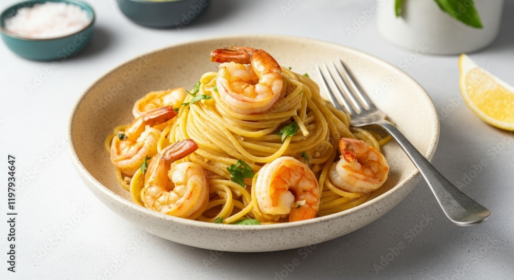 White bowl of pasta with shrimp and lemon wedges White bowl of pasta with shrimp and lemon wedges