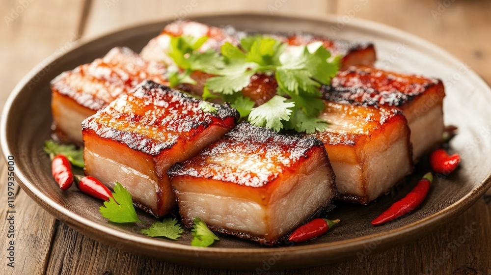 Slices of pork belly with crispy skin, served on a ceramic plate with garnish of cilantro and chili peppers, on a wooden table Slices of pork belly with crispy skin, served on a ceramic plate with garnish of cilantro and chili peppers, on a wooden table