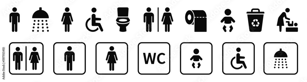 WC icon set. Toilet, restroom, man and woman, bathroom, disabled, dumpster, toilet paper, infant - stock vector. WC icon set. Toilet, restroom, man and woman, bathroom, disabled, dumpster, toilet paper, infant - stock vector.