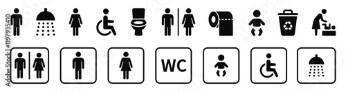 WC icon set. Toilet, restroom, man and woman, bathroom, disabled, dumpster, toilet paper, infant - stock vector.