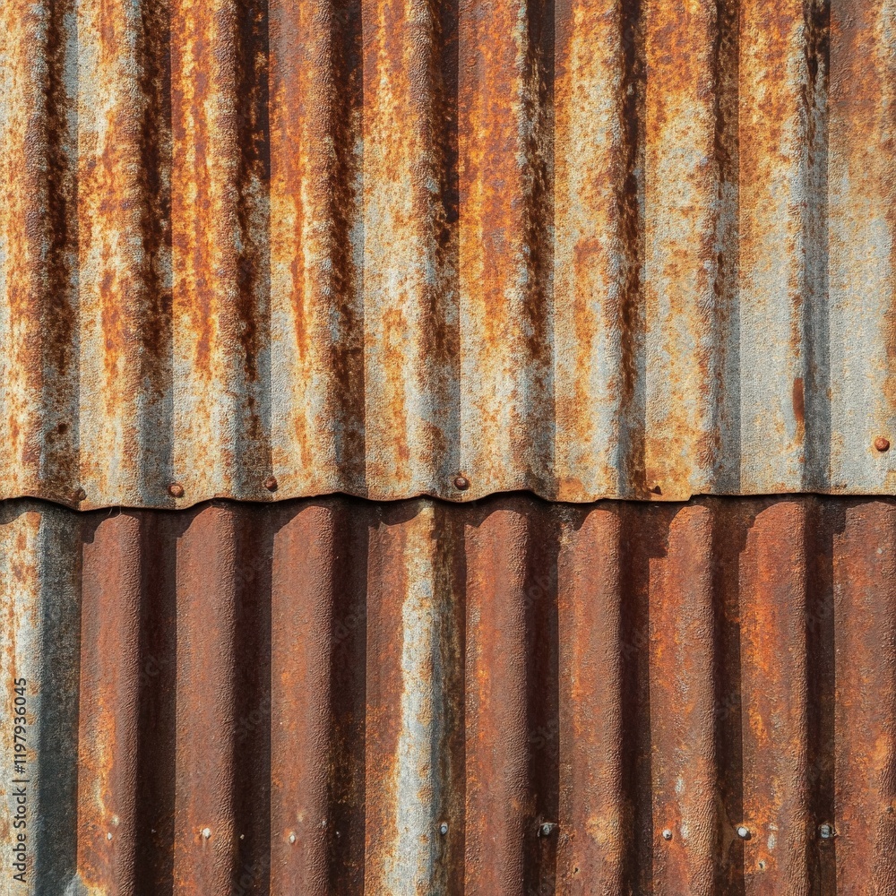 Rusty corrugated metal sheets showing weathering and decay in a rural area Rusty corrugated metal sheets showing weathering and decay in a rural area
