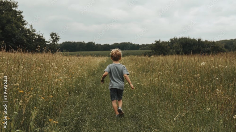 Young boy runs through tall grass field. Young boy runs through tall grass field.