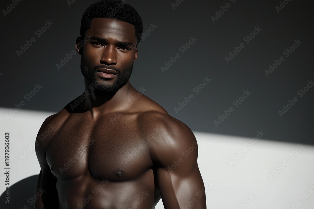 Fototapeta premium Close-up portrait of a muscular man with intense gaze, side-lit for dramatic effect. fitness advertising