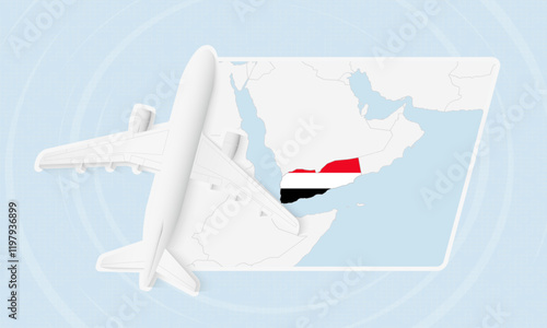 Yemen Travel Illustration with Plane and National Flag. Airplane Flying Over Yemen Map.