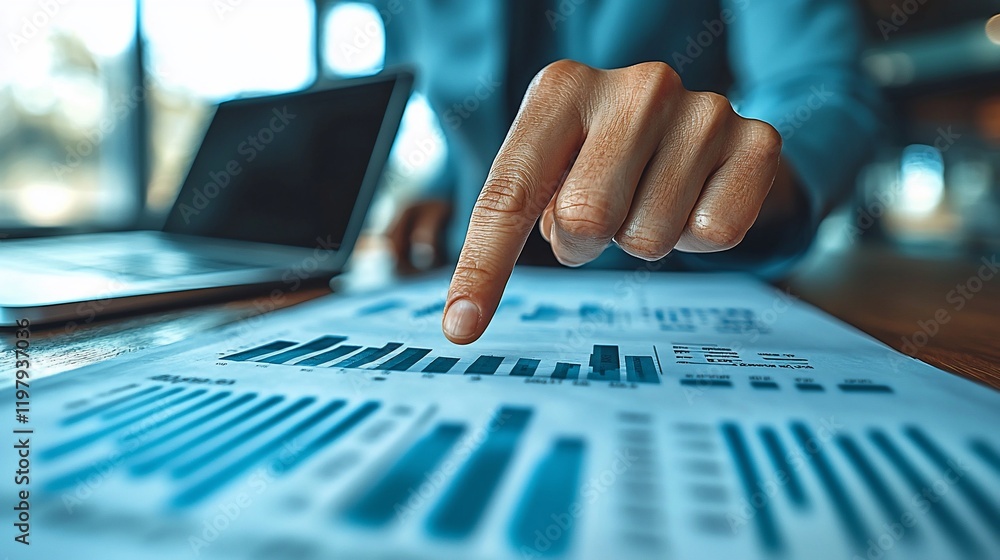 Analyzing Business Data: A Close-up of a Hand Pointing at Financial Charts and Graphs on a Desk with a Laptop in the Background Analyzing Business Data: A Close-up of a Hand Pointing at Financial Charts and Graphs on a Desk with a Laptop in the Background
